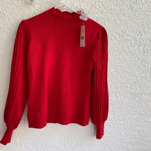 Nanette Lepore Red Sweater M NWT Mock Collar Ribbed Puff Sleeves Gold Metallic - Picture 1 of 9